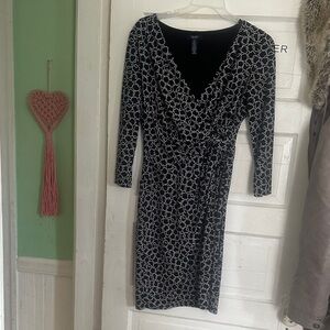 Chaps Black and White Patterned Long Sleeve Dress